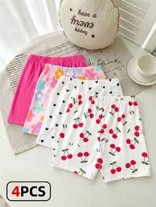 4 buah celana pendek anak perempuan, kasual, serbaguna, lembut, lucu, motif bunga, ceri dan hati, celana pendek warna fuchsia polos, cocok untuk pakaian kasual musim semi dan musim panas, celana pendek motif manis dan lucu multiwarna serbaguna, cocok untuk musim panas. - MultiWarna - View 2