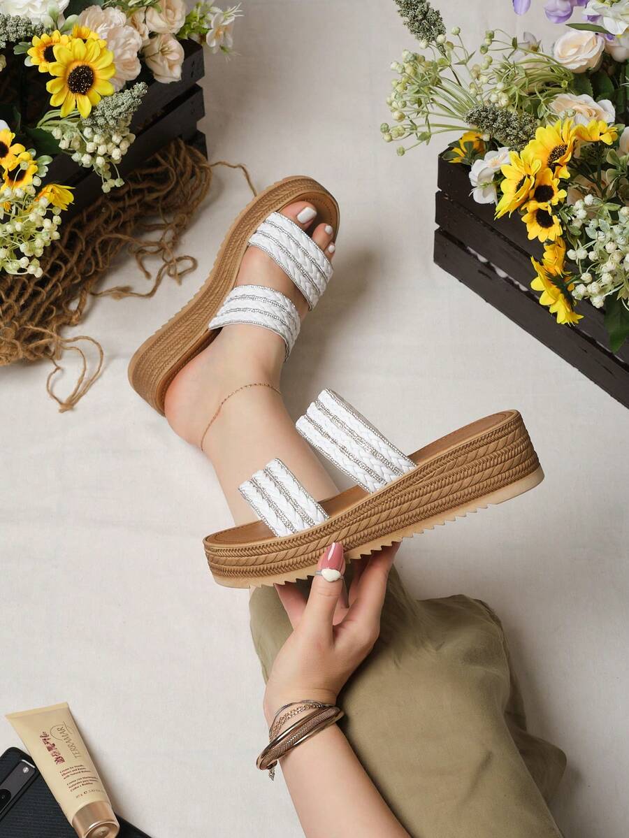 Sandalia de plataforma tiras brillos yute trenzas - Blanco - Ver 1