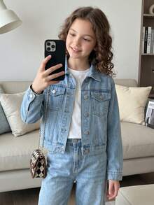 Tween Girls' Denim Jacket Coat Autumn New Arrival Fashion Casual Light Blue Washed Patch Pocket Design Cropped Basic Style Loose Fit - Light Wash - View 1