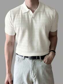 DAZY Men's Summer Casual Daily Commute Solid Color Textured Fabric Short Sleeve Polo Collar Knit Top - White - View 4