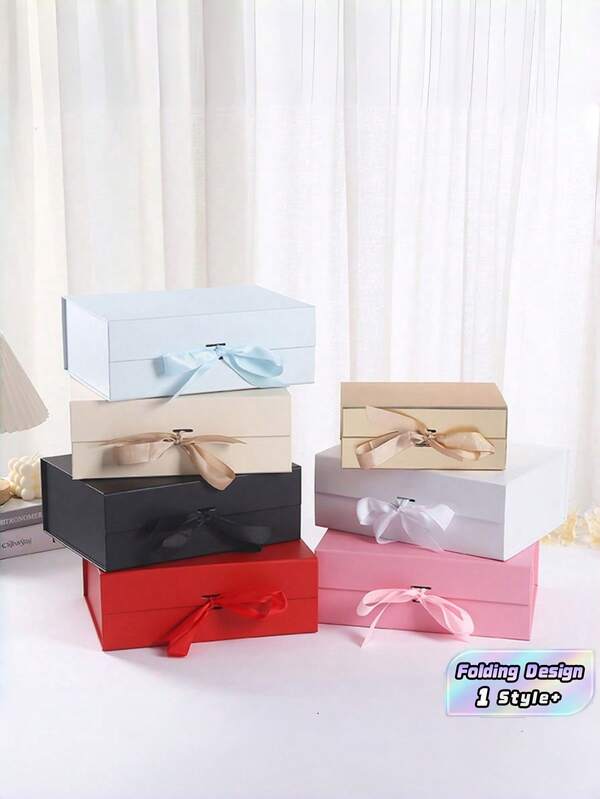 1PC Cardboard Folding Ribbon Gift Box With Bow Tie Craft Gift Packaging Box Multicolor For Cosmetic Birthday Wedding Holiday Christmas Valentine Day Anniversary New Year Thanksgiving Party Favor Gift Wrapping Box Home Storage Box