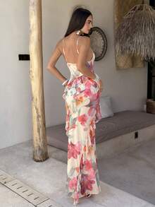 Aloruh Multi-Color Floral Print Romantic Date Vacation Spaghetti Strap Fitted Ruffle Long Women's Dress - Multicolor - View 8