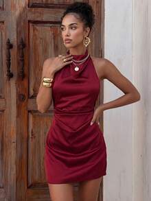 Aloruh Elegantes, sexy Minikleid Einfarbig für Urlaub, Party, Freizeit, Burgunderrot, Satin-Kurzkleid, weinrotes rückenfreies Kleid, Frühlingsoutfit für Damen, Sommerurlaubsoutfit, Valentinstagskleid, Karnevalskostüm für Damen, Strandkleid, elegante Partykleider, Hochzeitsgastkleid für Damen, Geburtstagskleid, Urlaubsoutfit für Damen, Freizeitkleid, Valentinstag - Bordeaux - Übersicht 5