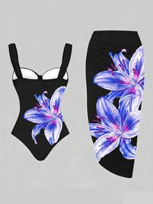 Swim Oasis 女款夏季海灘度假印花時尚連身泳衣附遮陽裙 - 彩色 - 查看 2
