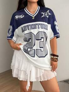 Coolane 男女大尺碼夏季秋季街頭風復古運動賽事日休閒網眼寬鬆號碼印花白色藍色V領棒球球衣 - 藍色 - 查看 5