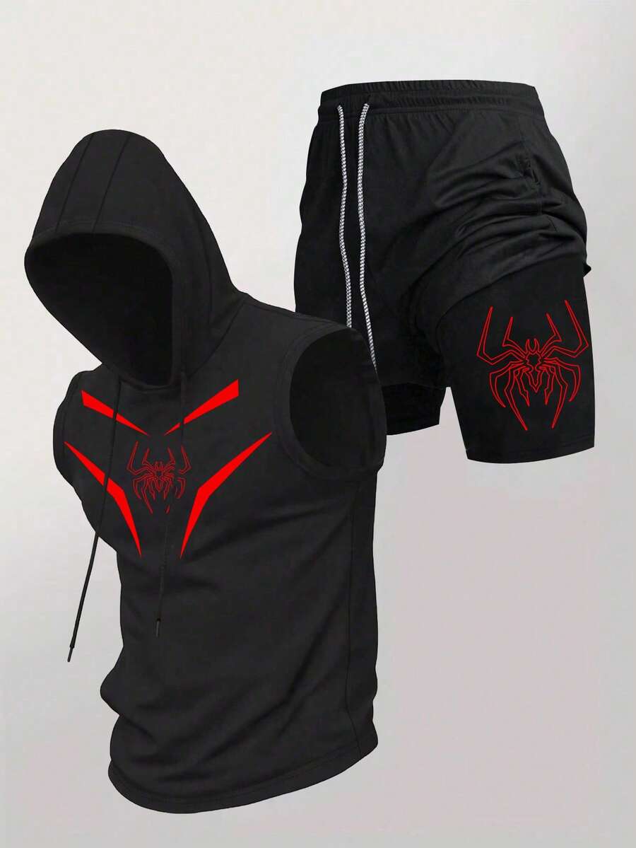 Gym Rark Men's Minimalist Printed Hoodie Sleeveless Top And Shorts Sports Set, Gym - Black - View 1