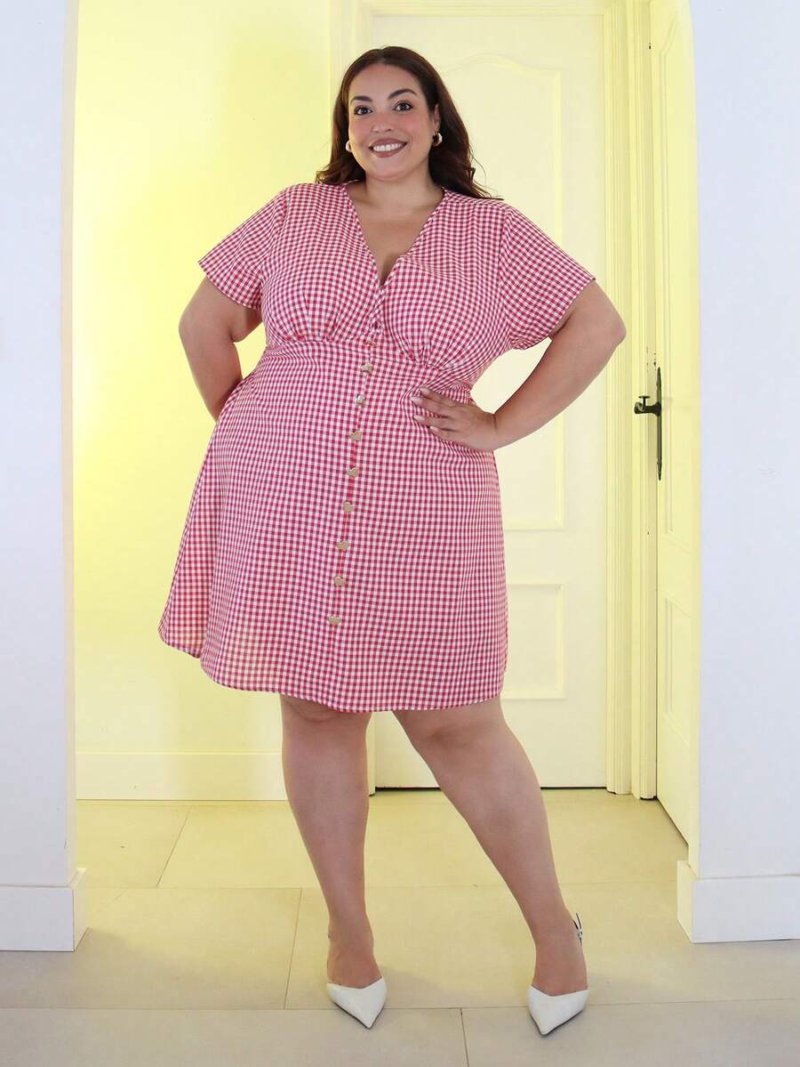 Pretty and Ole Plus Size V-Neck Fitted Red & White Plaid Contrast Color Mini Dress, Casual Elegant Summer - Black and White - View 1