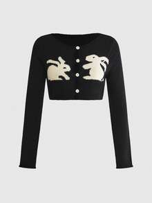 ROMWE Y2K Kawaii Oversized Scoop Neck Rabbit Knit Pattern Super Cropped Women's Cardigan - Black - View 1