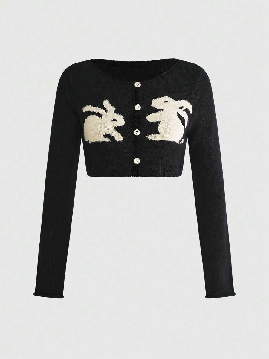 ROMWE Y2K Kawaii Oversized Scoop Neck Rabbit Knit Pattern Super Cropped Women's Cardigan - Black - View 1