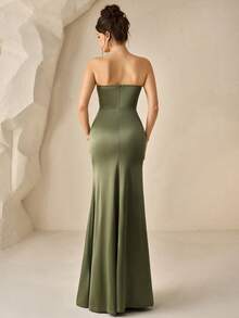 Coutiva Women's Solid Color Asymmetrical Strapless 3D Pleated Design Fitted Formal Evening Gown Wedding Guest Mermaid Strapless Dress  Embellished - Green - View 2