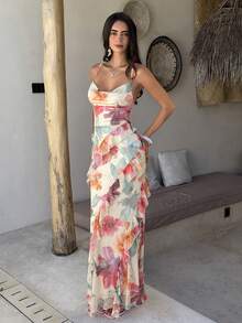 Aloruh Multi-Color Floral Print Romantic Date Vacation Spaghetti Strap Fitted Ruffle Long Women's Dress - Multicolor - View 4