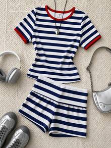 Conjunto de 2 piezas para adolescentes: Suéter de cuello redondo de punto gris sólido + Shorts grises, Conjunto básico casual y deportivo para el verano - Multicolor - Ver 2