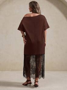 Elegantrix Plus Size Women's Spring/Summer Asymmetrical One-Shoulder Lace Patchwork Elegant Dress - Brown - View 6