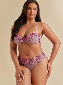 SHEIN BAE CURVE 加大码 2 件套性感刺绣文胸和内裤内衣套装，女士适用，提拉型 - 粉色 - 查看 3