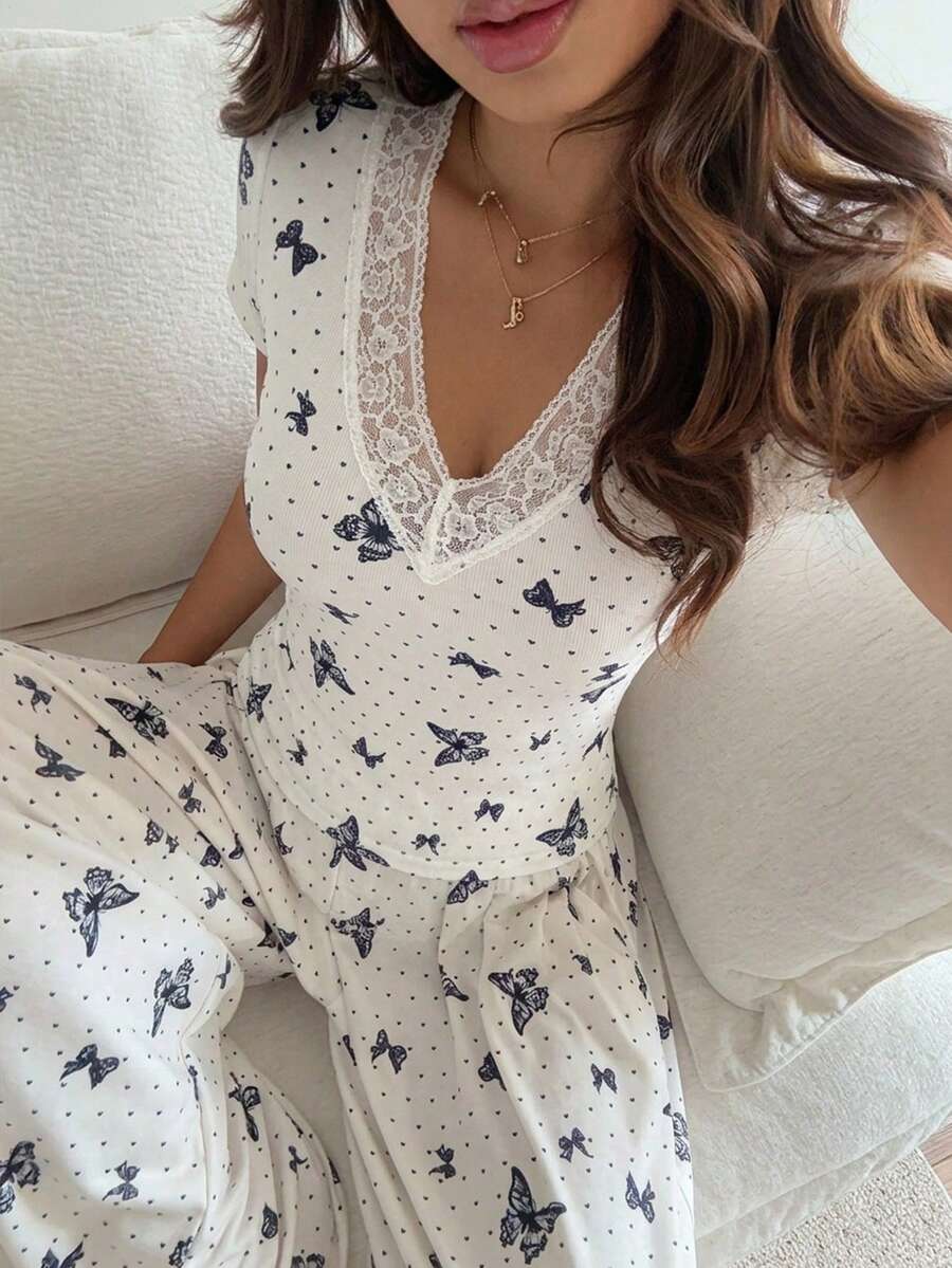 DAZY Summer Elegant Butterfly Print All-Over Top And Wide Leg Pajama Pants 2-Piece Set Women's Sleepwear - White - View 1