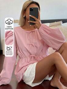 DAZY Set pigiama da donna 2 pezzi con blusa ampia decorata con fiocco e pantaloni corti, outfit primavera estate, tonalità rosa - Rosa - Visualizzare 5