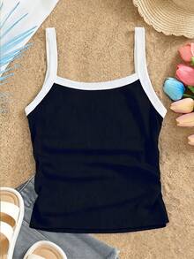 SHEIN Tween Girl Ribbed Contrast Trim Camisole Tank Top, Versatile For Daily Wear - Navy Blue - View 2