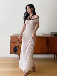 DAZY Damen Mode Elegantes Off-Shoulder langes Kleid Sommer - Aprikosenfarben - Übersicht 5