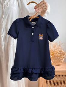 Gaun Polo Longgar dengan Kerah Polo, Minimalis Serbaguna, Bordir Kartun, Hem Bergelombang, untuk Anak Perempuan di Musim Panas, Kasual, untuk Perjalanan Sehari-hari, Cocok untuk Perjalanan Langsung. - Navy Blue - View 7