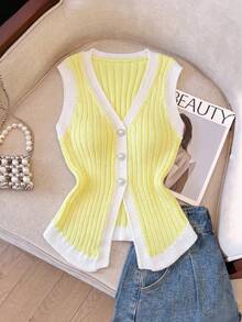 SHEIN Holidaya Women's Casual Basic Ribbed Single-Breasted Knit Top, Versatile For Daily Wear Back-To-School Golf White Summer - Light Yellow - View 3