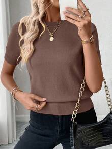 SHEIN LUNE Women's Simple Casual Solid Color Round Neck Short Sleeve Ribbed Knit Top - Redwood - View 3
