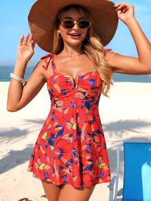 Swim Lushoire Swim Lushore Women's V-Neck Swim Dress, Vibrant Floral Print With Bow Decor, Ruched Bust And Flared Hem Swimsuit - Multicolor - View 1