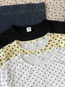 SHEIN Tween少女3件組T恤套裝，白色針織休閒極簡波點印花抽褶腰短版上衣、黃色波點印花上衣與針織純色極簡百搭上衣，適合春夏，休閒時尚穿搭，四季可穿，百搭基礎層上衣 - 彩色 - 查看 5