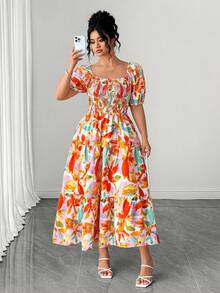 Elenzga Plus Size Women's Square Neck Casual Resort Summer Dress - Multicolor - View 3