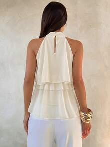 Aloruh Halter Neck Ruffled Cake Chiffon Blouse Beach Vacation, Summer Holiday, Tropical, Resort Wear, - Beige - View 3