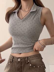 DAZY 女款 V 領羅紋波點修身短版背心上衣 夏季 - 灰色 - 查看 1