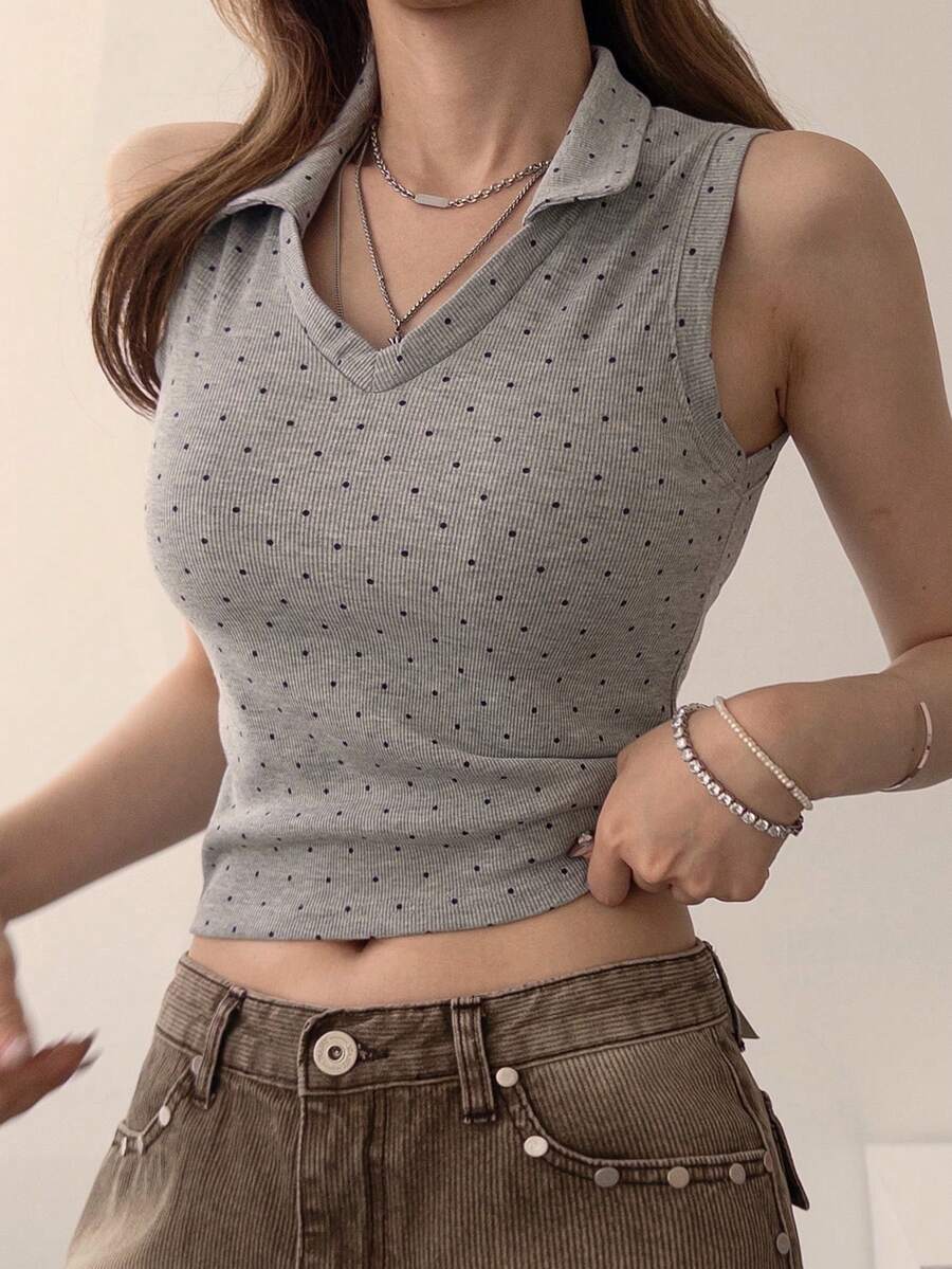 DAZY 女款 V 領羅紋波點修身短版背心上衣 夏季 - 灰色 - 查看 1