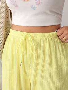 Solflare Plus Size Casual Versatile Drawstring Waist Solid Color Textured Pants Fall - Yellow - View 5