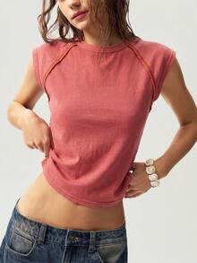 Bohemela Camiseta de mujer de punto de cuello redondo ajustada de unicolor lavada - Color caoba - Ver 6