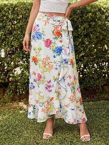 KARISMINA Women's Summer Floral Print Ruffle Hem Skirt,High Waist Self Tie Ruffled Irregular Hem Long Beach Outfits For Woman, Vacation, Beach - Multicolor - View 3