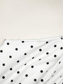 SHEIN Body & Mono para niñas preadolescentes, mono ajustado de punto blanco con estampado de lunares y cintura fruncida - Blanco - Ver 4