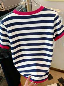 Resyla Women's Casual Vacation & Commute Colorblock Striped Print Ringer Short Sleeve T-Shirt, Summer - Multicolor - View 2