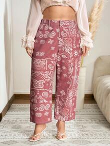 SHEIN Holidaya 大尺碼女款休閒度假佩斯利印花錐形牛仔褲 - 彩色 - 查看 6