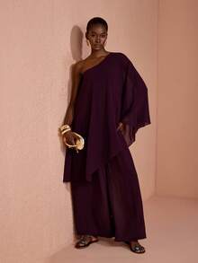 JIAN LASALA Women Chiffon Boho Asymmetrical Neck Long Sleeve Wide Leg Jumpsuit - Chocolate Brown - View 7