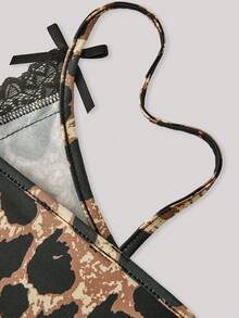 Hourtrue Leopard Print Lace Trim Split Hem Cami Pajama Nightdressfor Summer - Khaki - View 5