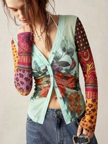 Bohemela Blusa casual de punto de malla con estampado floral y abotonadura sencilla para mujer - Multicolor - Ver 5