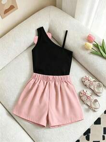 Tween Girls'2-Piece Set Black One-Shoulder Ribbed Cami Top Flower Decor Beige Shorts,Shadesofpink,Fashionable,Cute,Summer,Vacation,DailyOutings - Pink - View 2