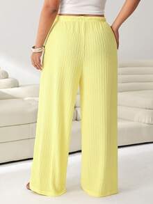 Solflare Plus Size Casual Versatile Drawstring Waist Solid Color Textured Pants Fall - Yellow - View 2