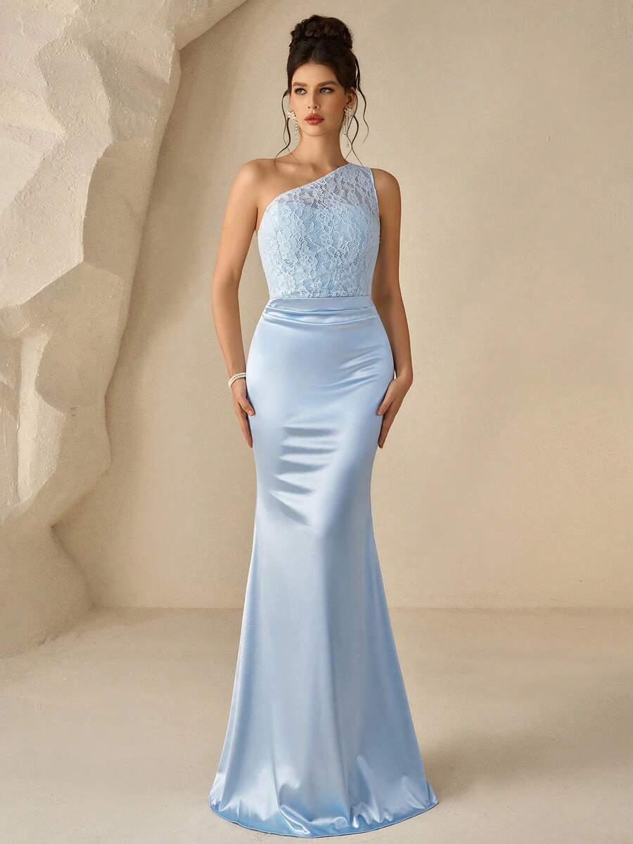 Coutiva Asymmetric Neck Lace Patchwork Satin Mermaid Hem Evening Gown Strapless Backless Dress,Fan-Shaped Pearl Ribbon Design Bodycon Evening Gown,Formal - Blue - View 1