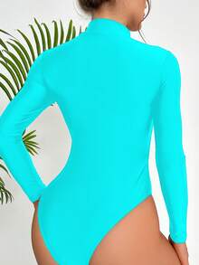 SHEIN Swim 女款素色長袖前開拉鍊休閒衝浪連身泳衣 - 天藍色 - 查看 2