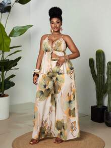 Maweii Damen Große Größen Set aus geraffeltem Cami Top-Top mit Blume Muster und weiter Hose, Lässig Outfit - Verschiedenfarbig - Übersicht 6
