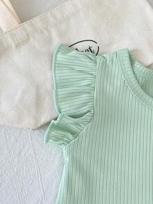 SHEIN Playful Pals Conjunto de 2 piezas/Set para bebé niña pequeña con camiseta de cuello redondo acanalado, manga corta y manga de mariposa & pantalones largos estampados, ropa para bebé niña, conjunto para bebé, top para bebé, fiesta, vacaciones, floral, flores, estilo pastoral, adecuado para verano - verde menta - Ver 6