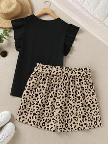 SHEIN LUNE Conjunto de 2 piezas con estampado de leopardo, shorts con lazo y top de manga volada, talla grande - Multicolor - Ver 2