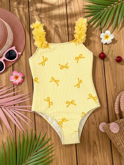 SHEIN Young Girl Sleeveless Striped Bow Print Swimwear