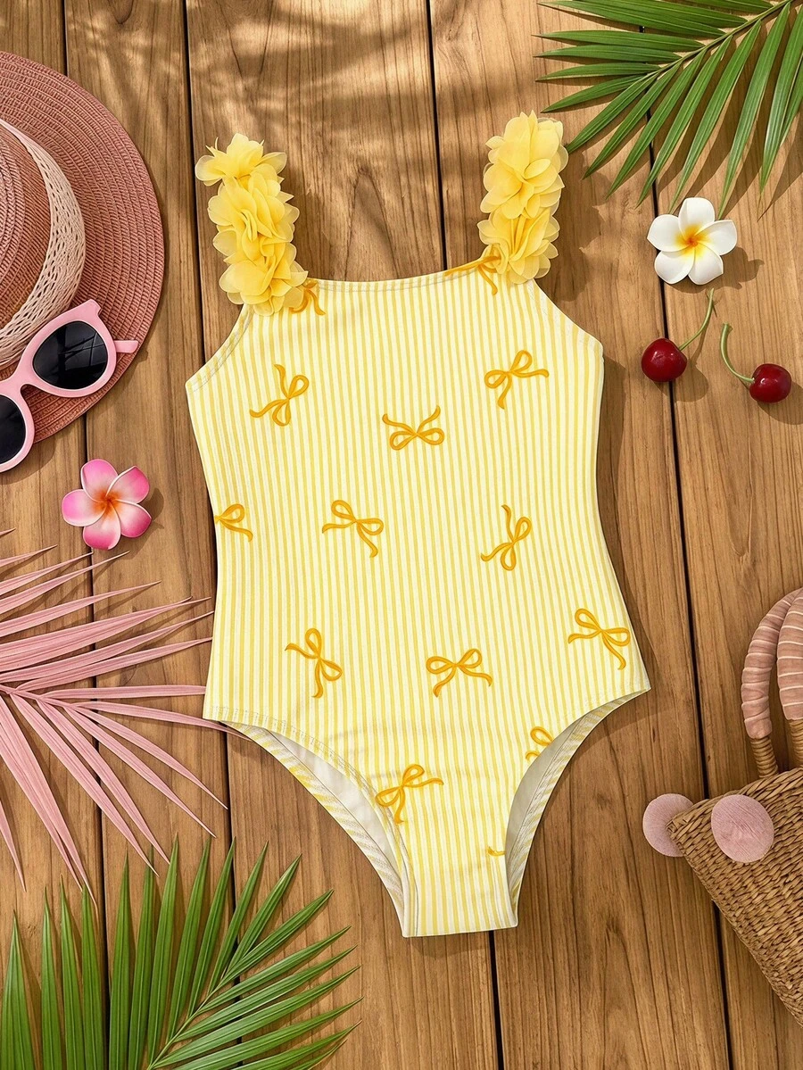 SHEIN 少女無袖條紋蝴蝶結印花泳衣 - 黃色 - 查看 1