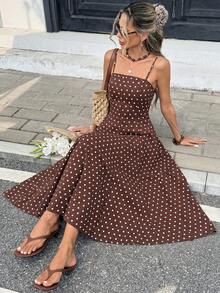 Serisse Women's Brown And White Polka Dot Print Spaghetti Strap Mid-Length Dress,Dresses For Women Summer Vacation French - Brown - View 9
